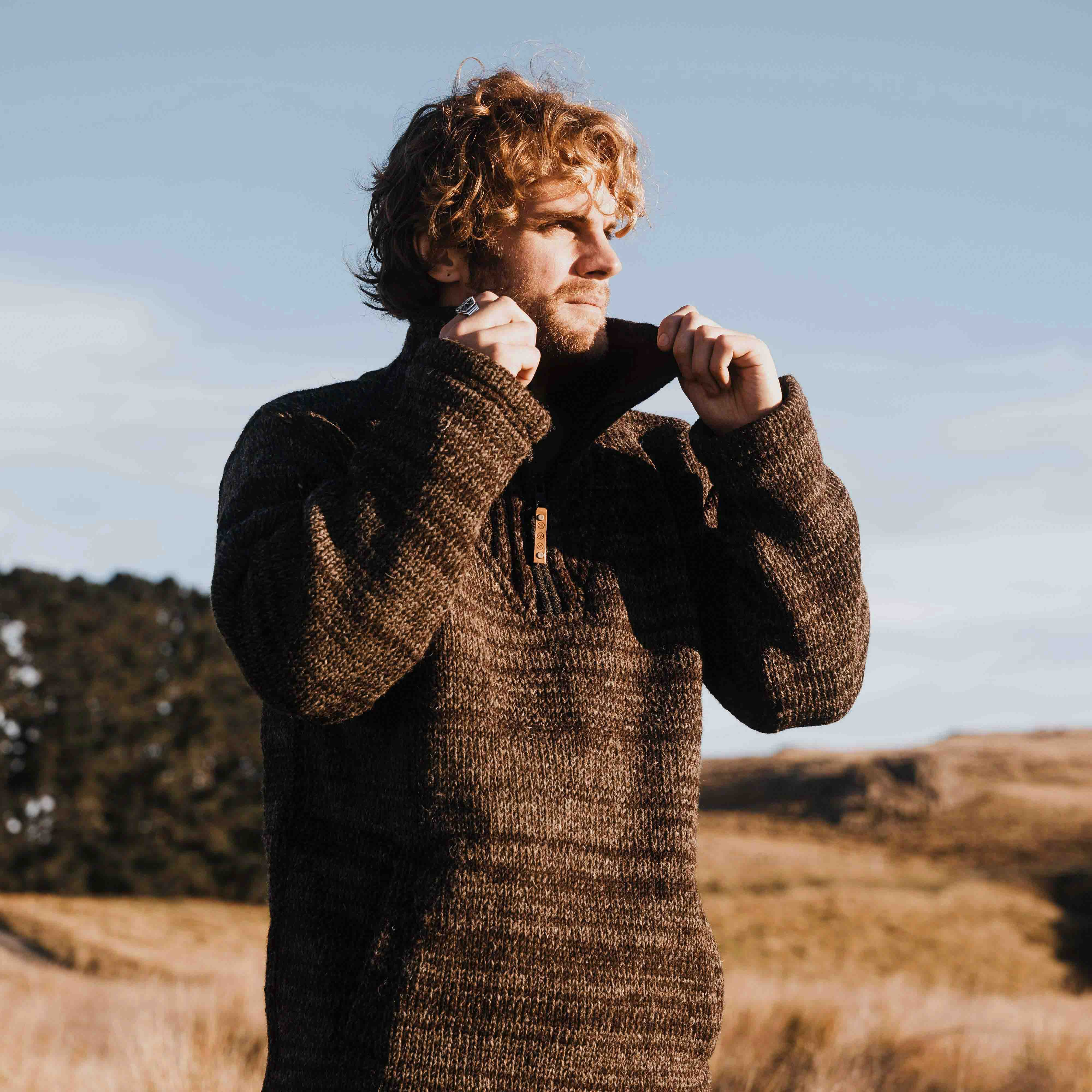 Mens Station Half Zip NZ Wool Jersey - Brown Mix - Image 5