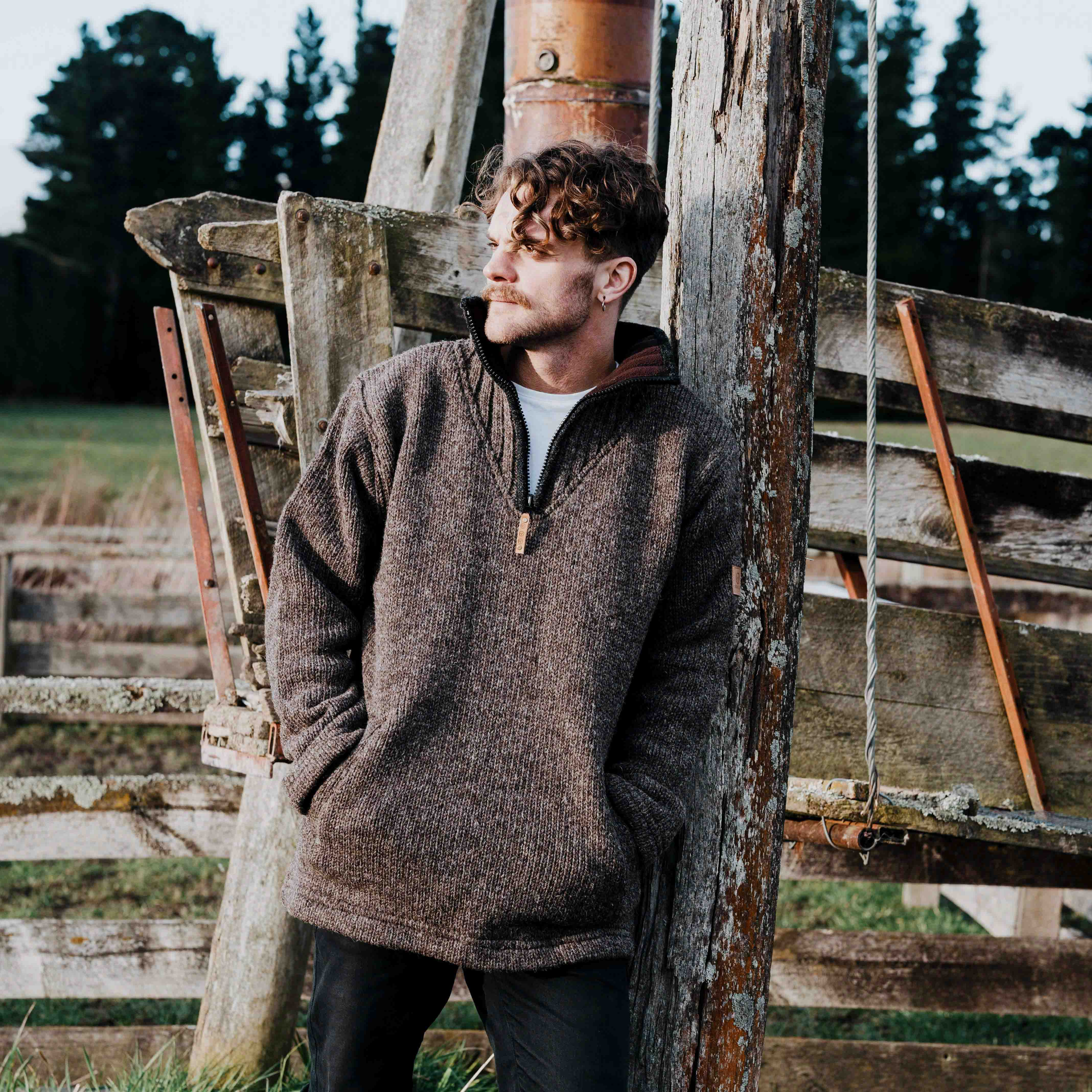 Mens Station Half Zip NZ Wool Jersey -Dark Natural Brown - Image 3