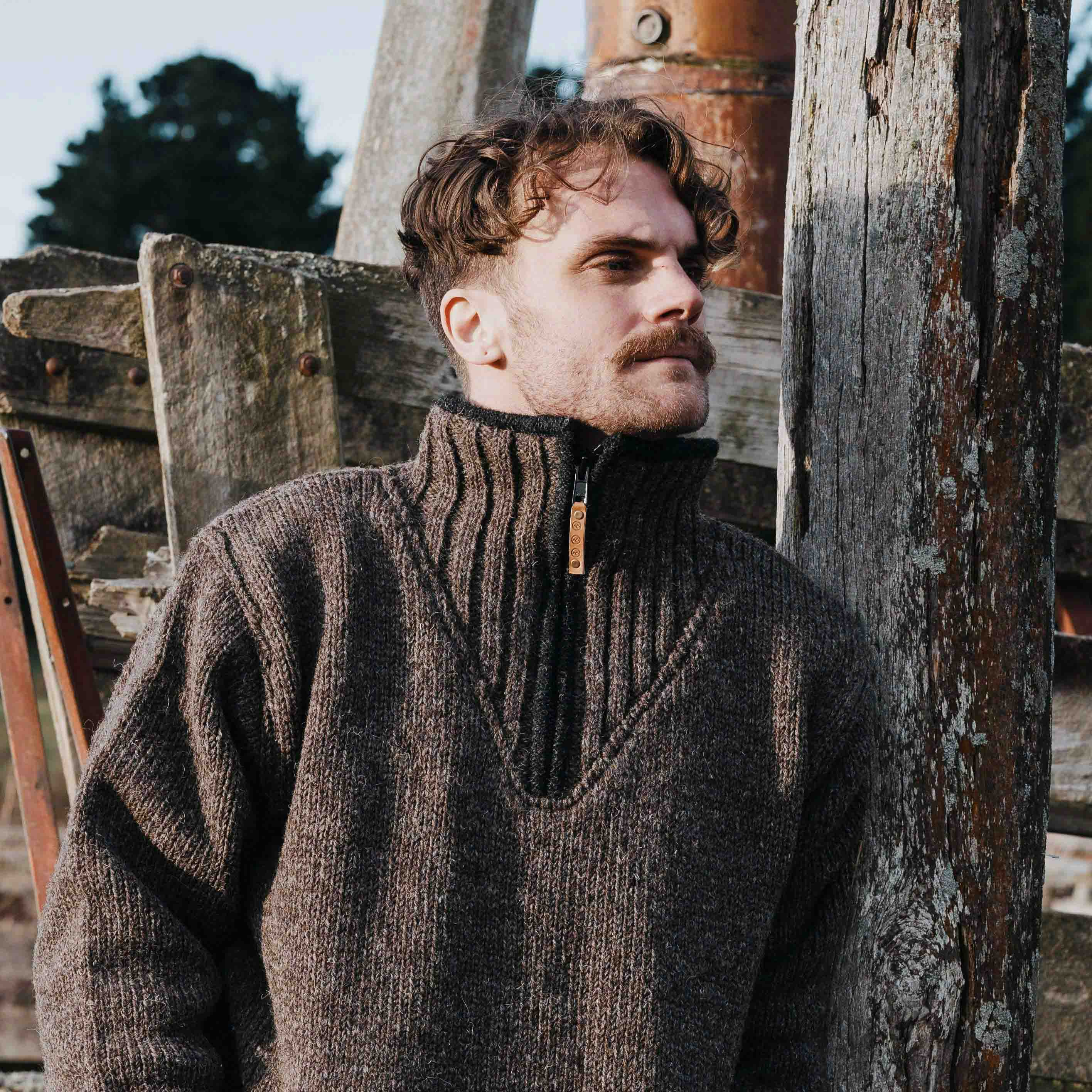 Mens Station Half Zip NZ Wool Jersey -Dark Natural Brown - Image 4