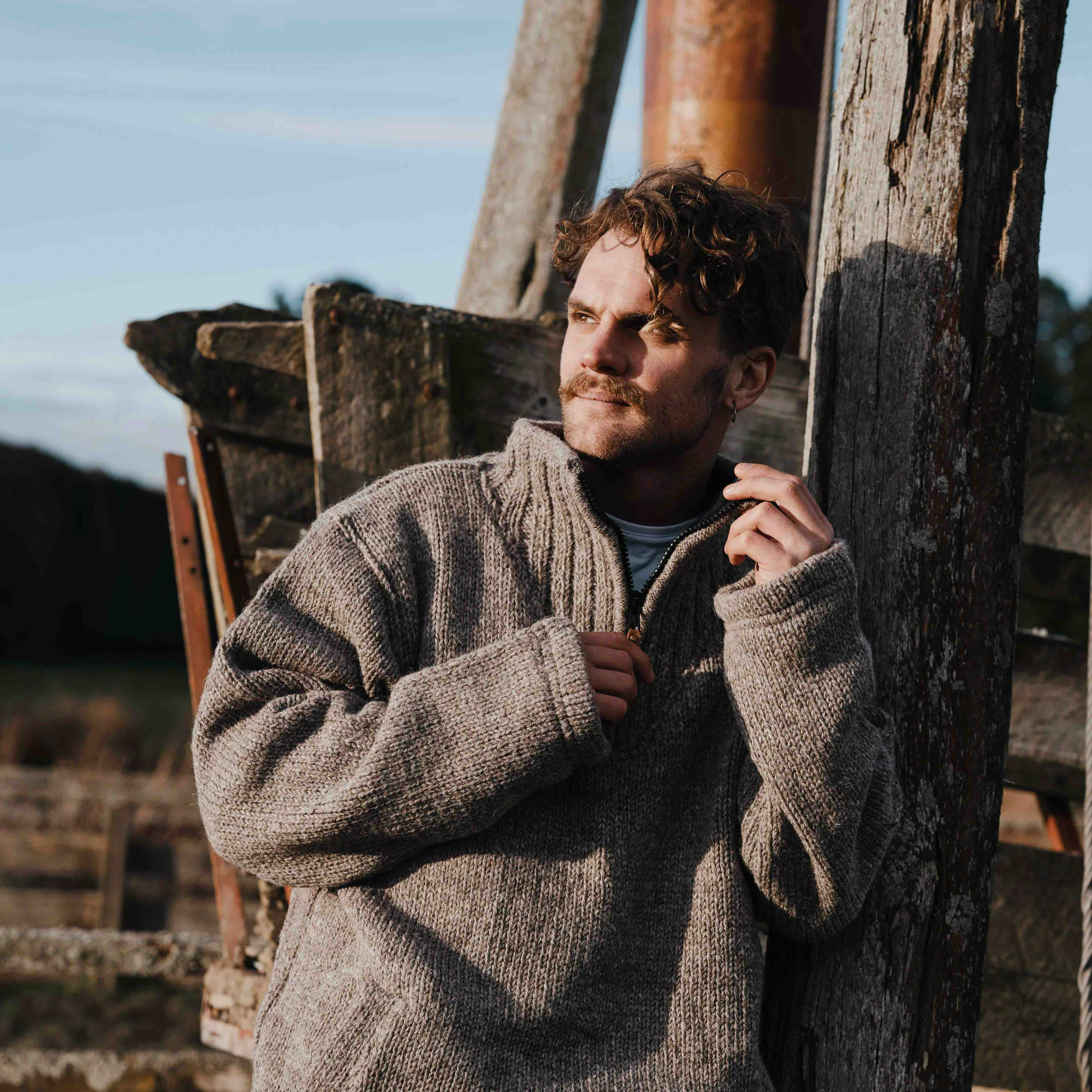 Mens Station Half Zip NZ Wool Jersey - Natural Brown - Image 3