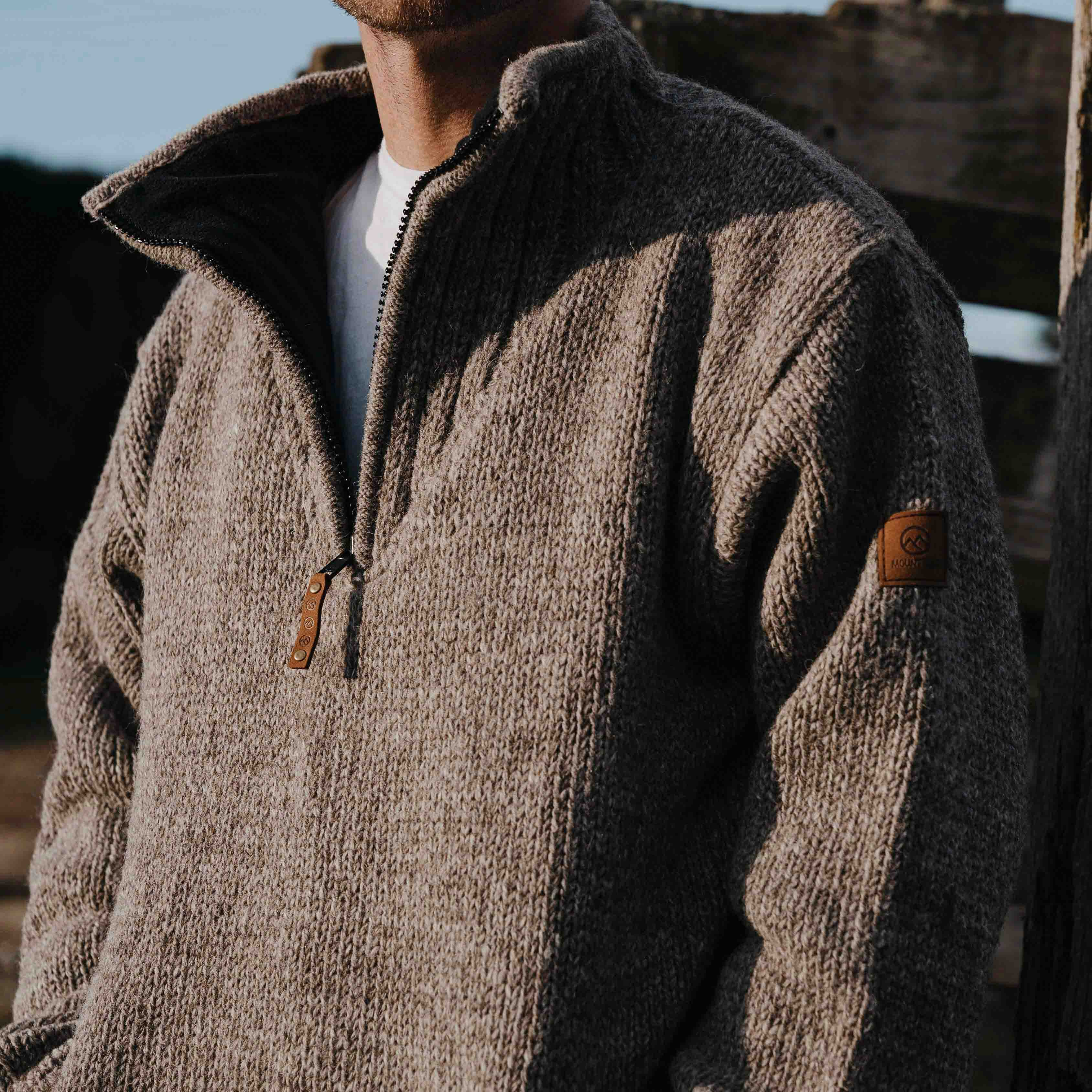 Mens Station Half Zip NZ Wool Jersey - Natural Brown - Image 4