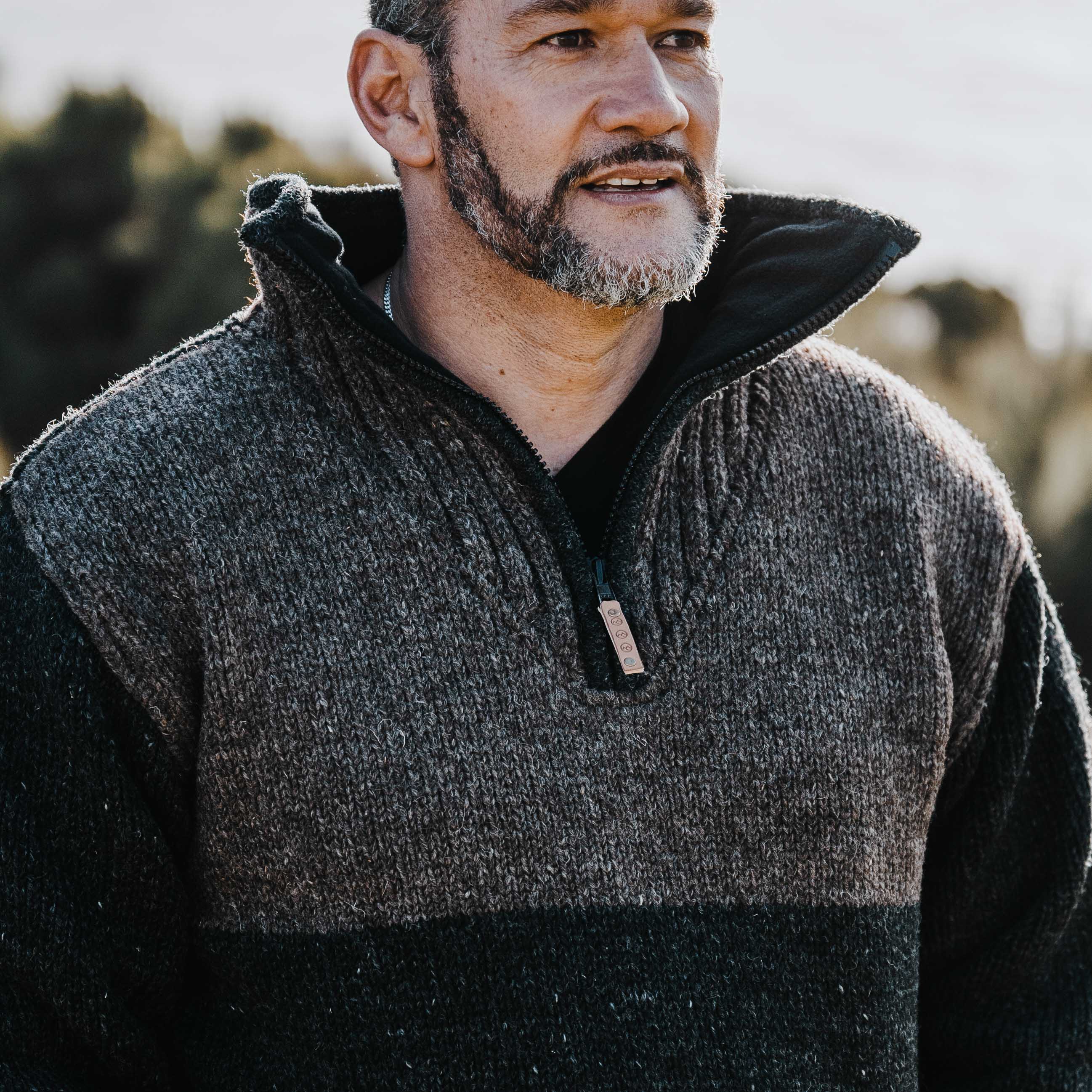 Mens Station Half Zip NZ Wool Jersey - Charcoal Brown - Image 3