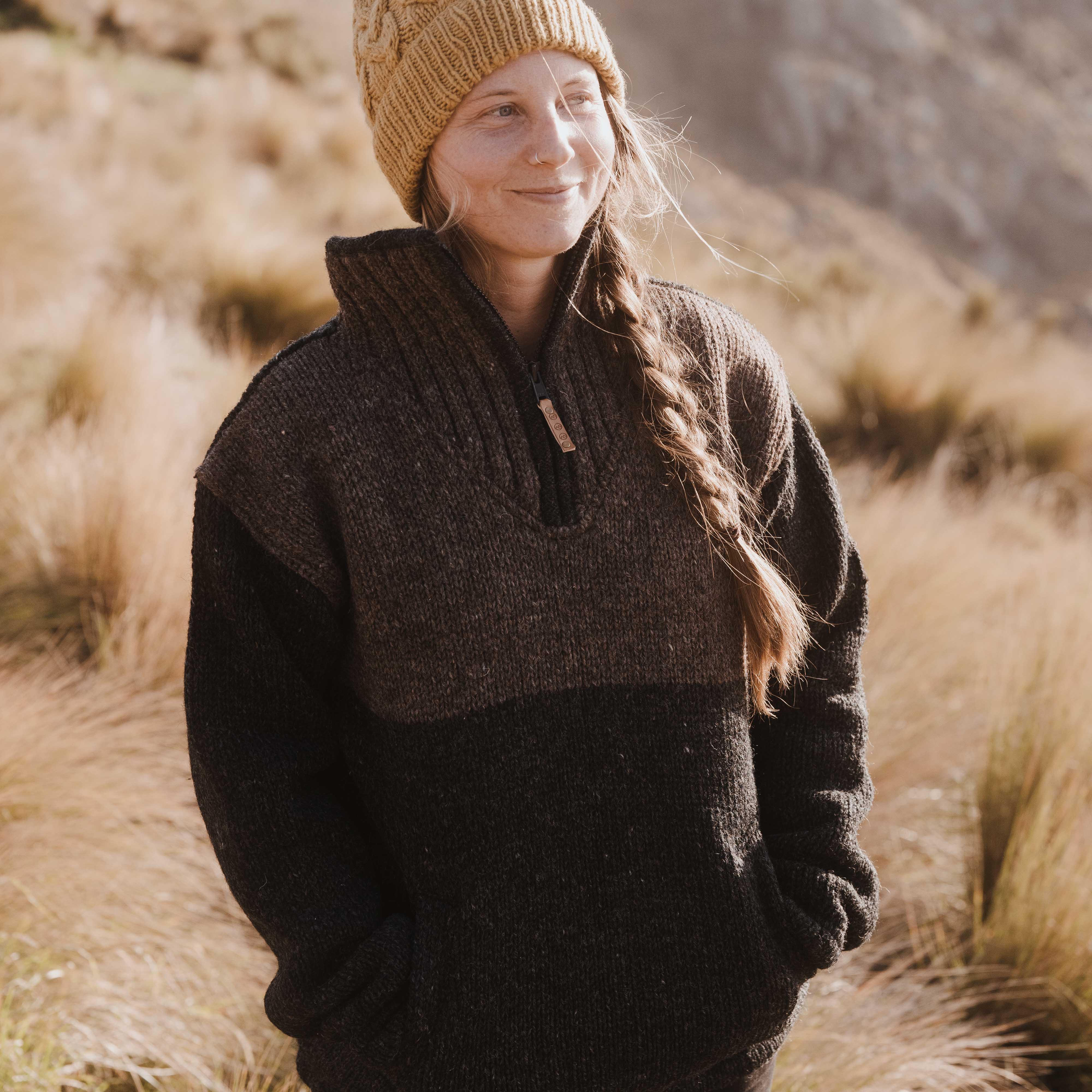 Womens Station Half Zip NZ Wool Jersey - Charcoal Brown - Image 3