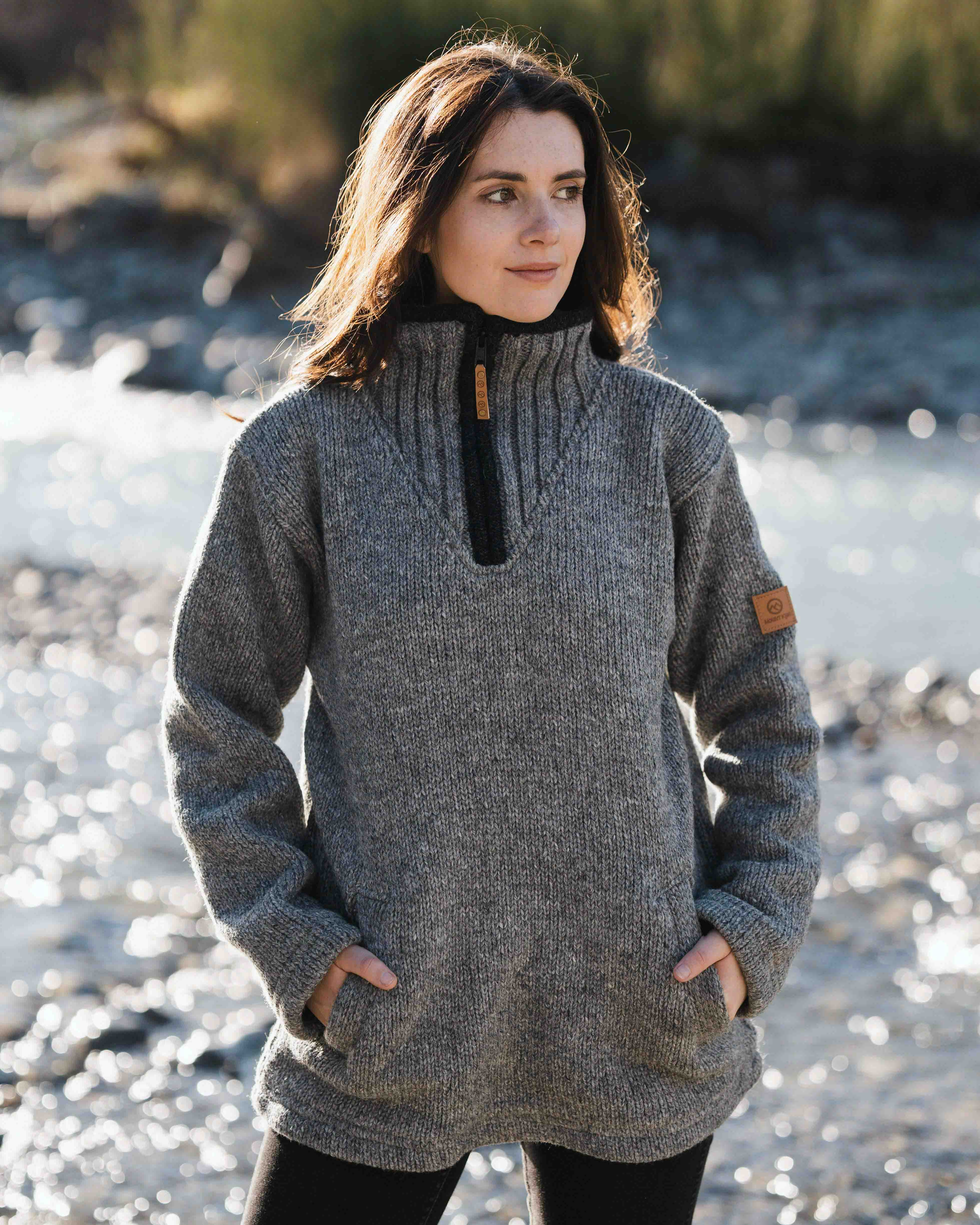 Womens Station Half Zip NZ Wool Jersey -Stone Grey - Image 3